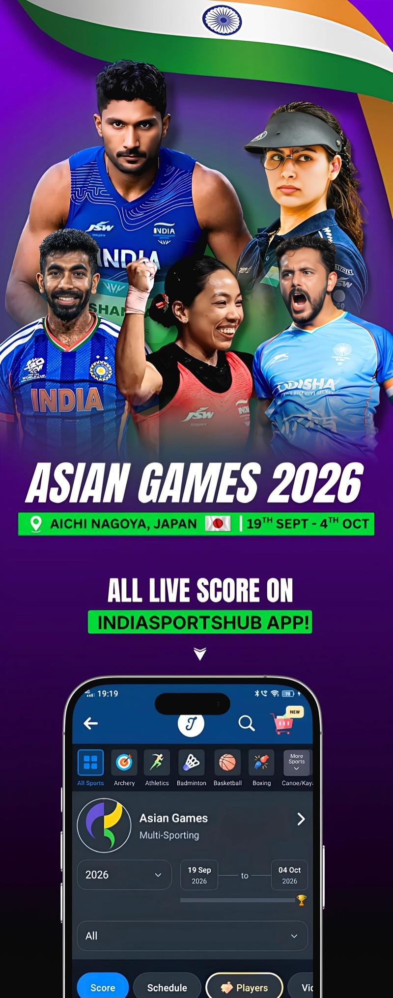 Asian Games 2026 — Aichi-Nagoya, Japan. Live scores on the IndiaSportsHub app