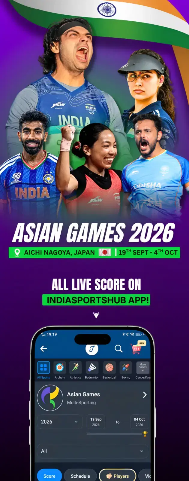 Asian Games 2026 — Aichi-Nagoya, Japan. Live scores on the IndiaSportsHub app